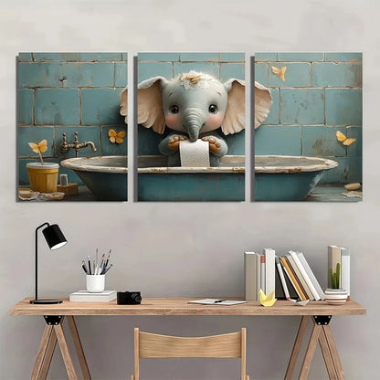 3pcs Funny Elephant Whimsical Toilet Paper Metal Print Ready to Hang Art