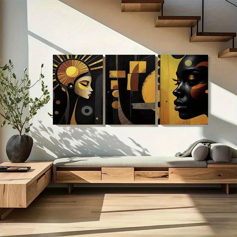 3pcs Bold Afrocentric Modern Black Woman Golden Metal Print Ready to Hang Art