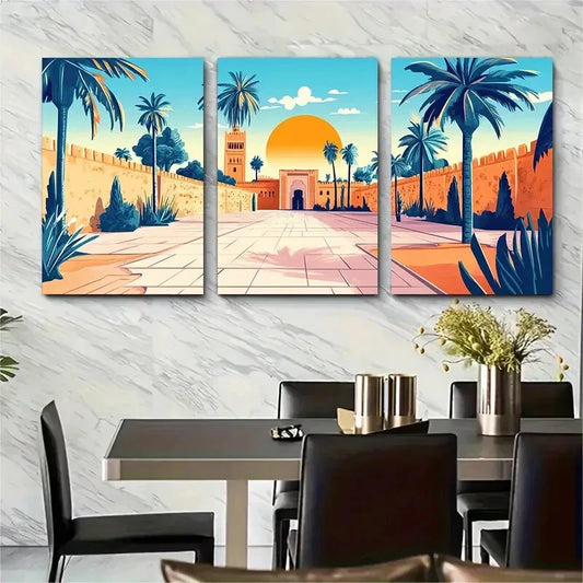3pcs Featuring Moroccan Architecture Palm Trees Metal Print Ready to Hang Art
