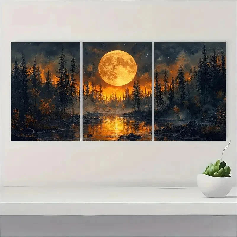 3pcs Vintage Forest Night Full Moon Metal Print Ready to Hang Art
