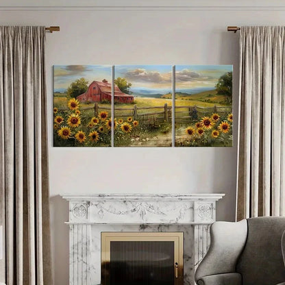 3pcs Rustic Barn Sunflowers Rolling Hills Metal Print Ready to Hang Art
