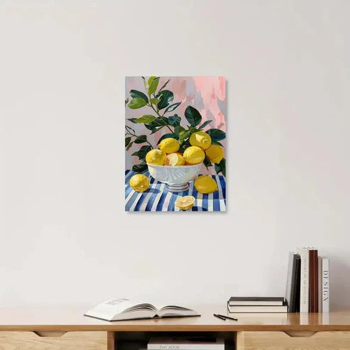 Yellow Lemon & Blue White Tablecloths Painting  60x90cm Metal Print Ready to Hang