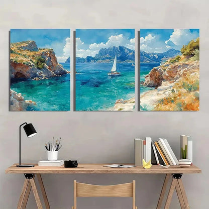 3pcs Italian Coastal Landscape with Sailboat Metal Print Ready to Hang Art