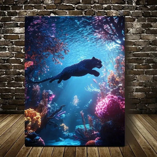 Hyper Realistic Panther Swinging in Coral Painting 40x60cm Metal Print Ready to Hang