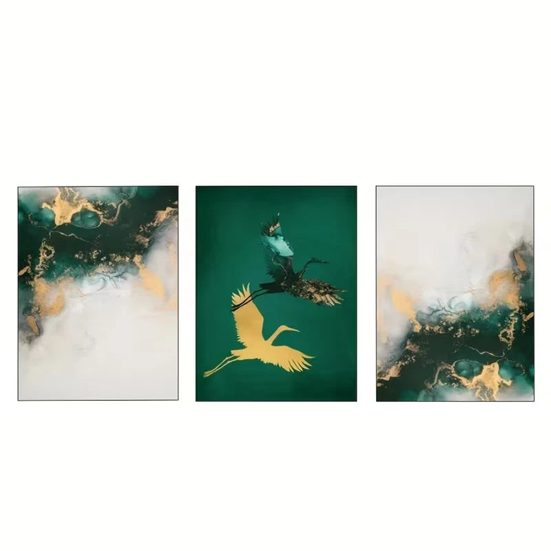 3pcs Jade Green and Golden Fluid Ink Abstract Wall Art Set Canvas Framed 50x70cm - High Quality Print 100% Australian Made Wall Canvas Ready to Hang