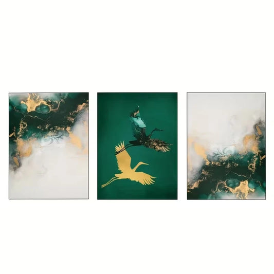 3pcs Jade Green and Golden Fluid Ink Abstract Wall Art Set Canvas Framed 50x70cm - High Quality Print 100% Australian Made Wall Canvas Ready to Hang