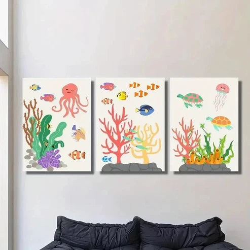 3pcs Colorful Sea Creatures in Ocean Ecosystem Wall Art Canvas Unframed – High Quality Print 100% Australian Made Wall Canvas