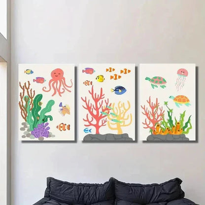 3pcs Colorful Sea Creatures in Ocean Ecosystem Wall Art Canvas Unframed – High Quality Print 100% Australian Made Wall Canvas