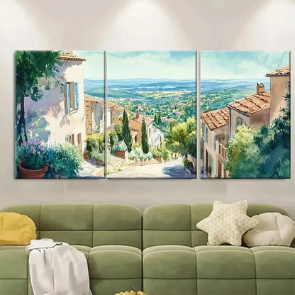 3pcs Scenic French Countryside with Stone Houses Metal Print Ready to Hang Art