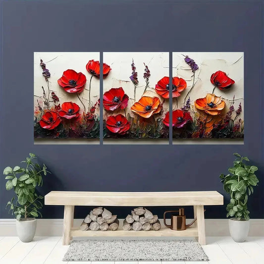 3pcs Red Poppies Light White Flower Perfect Wall Art Set Canvas Framed 40x60cm - High Quality Print 100% Australian Made Wall Canvas Ready to Hang