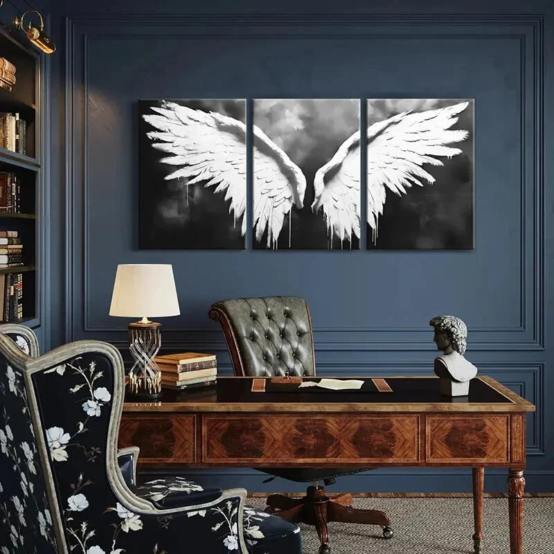 3pcs Angel Wings Art White Feathers Dark Metal Print Ready to Hang Art