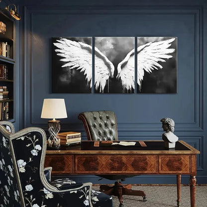 3pcs Angel Wings Art White Feathers Dark Metal Print Ready to Hang Art