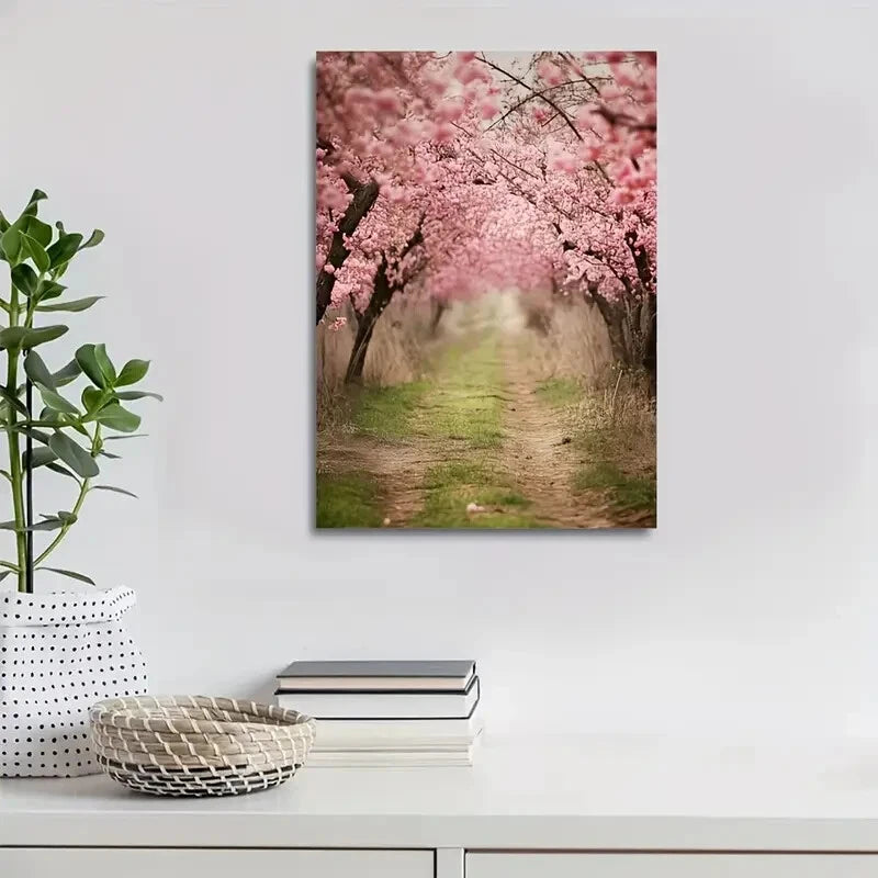 Serene Pathway with Blooming Sakura Trees Painting 40x60cm Metal Print Ready to Hang