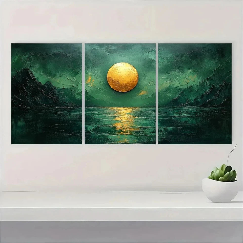 3pcs Green Abstract Mountain & Moon Metal Print Ready to Hang Art