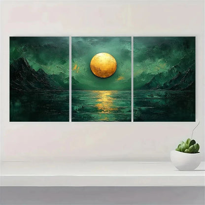 3pcs Green Abstract Mountain & Moon Metal Print Ready to Hang Art