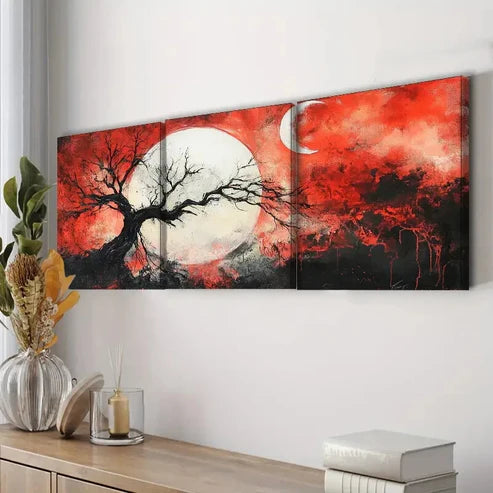 3pcs Abstract Tree with White Moon Light Perfect Wall Art Set Canvas Unframed - High Quality Print 100% Australian Made Wall Canvas