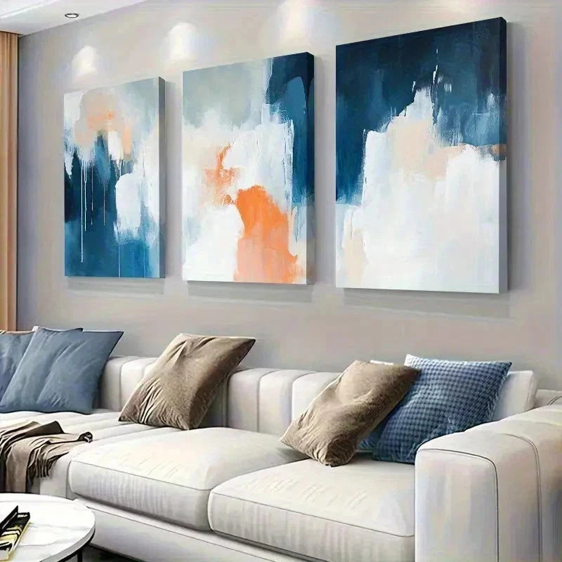 3pcs Blue Orange & White Modern Abstract Wall Art Set Canvas Framed 60x90cm - High Quality Print 100% Australian Made Wall Canvas Ready to Hang
