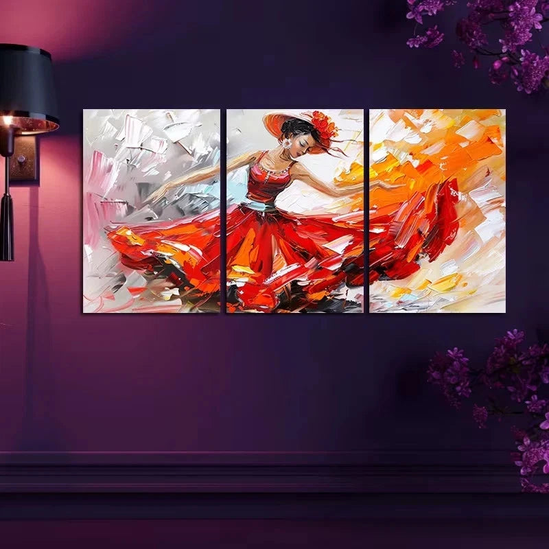 3pcs Flamenco Dancer in a Flowing Red Dress Metal Print Ready to Hang Art