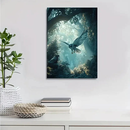 Dreamlike Hawk in Magical Forest Scene Painting 40x60cm Metal Print Ready to Hang