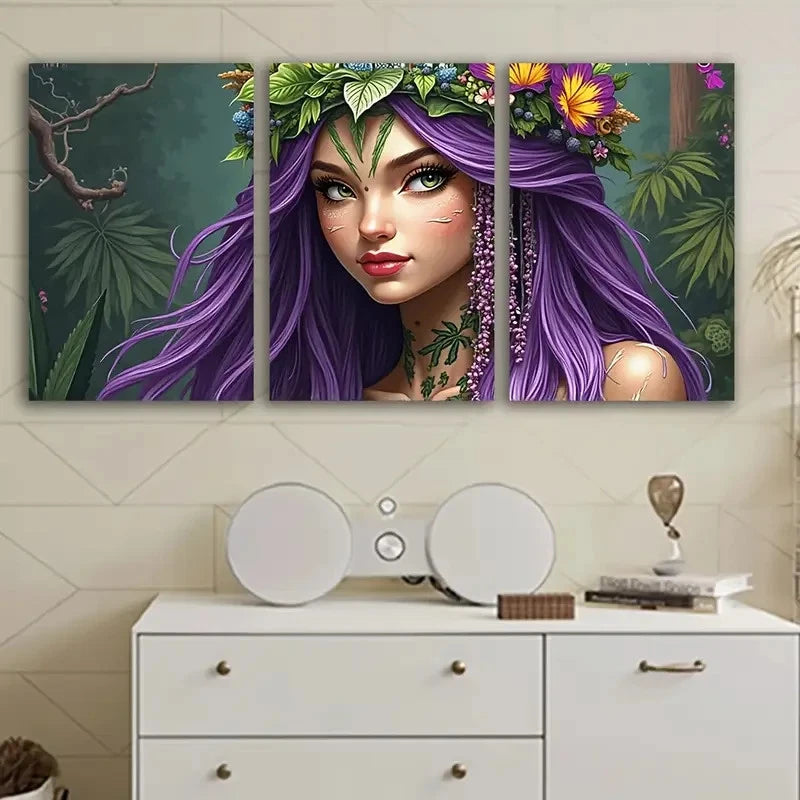 3pcs Purple-Haired Woman With Floral Design Wall Art Set Canvas Framed 60x90cm - High Quality Print 100% Australian Made Wall Canvas Ready to Hang