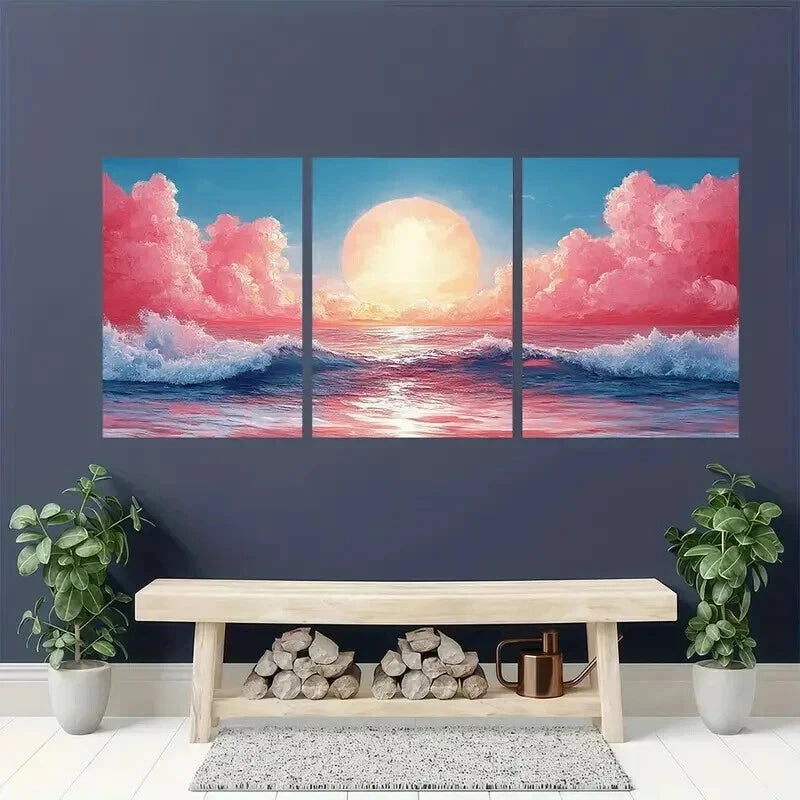 3pcs Ocean Waves Sunset & Pink Clouds Wall Art Set Canvas Framed 40x60cm - High Quality Print 100% Australian Made Wall Canvas Ready to Hang