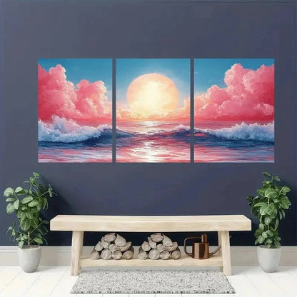 3pcs Ocean Waves Sunset & Pink Clouds Wall Art Set Canvas Framed 40x60cm - High Quality Print 100% Australian Made Wall Canvas Ready to Hang