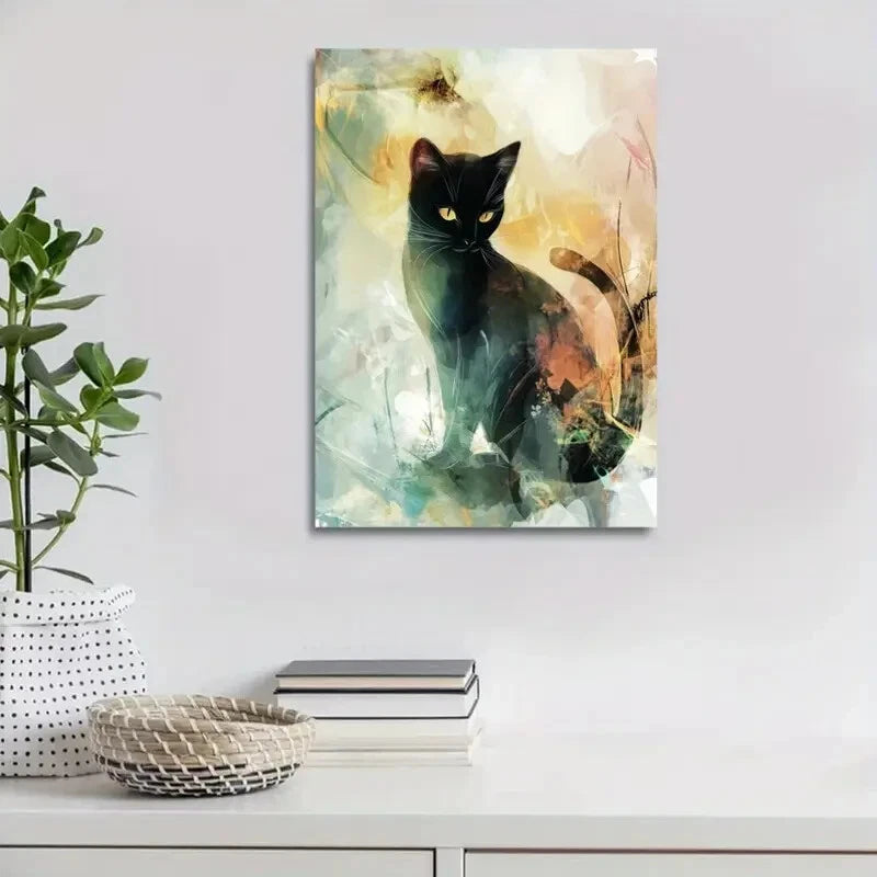 Beautiful Abstract Dreamy Black Cat Painting 40x60cm Metal Print Ready to Hang