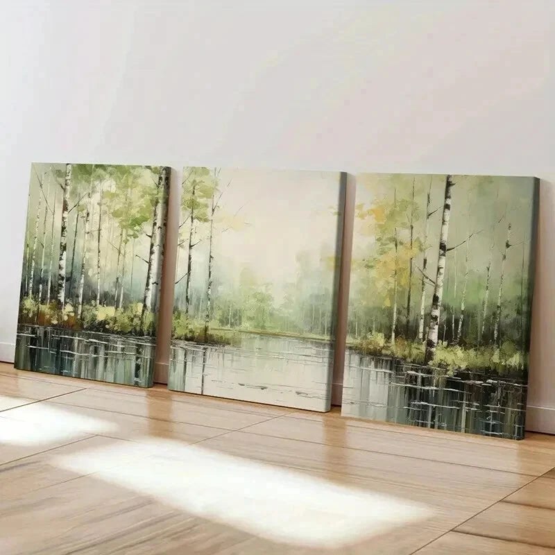 3pcs Forest Reflection Serene Lake Birch Trees Wall Art Set Canvas Framed 40x60cm - High Quality Print 100% Australian Made Wall Canvas Ready to Hang