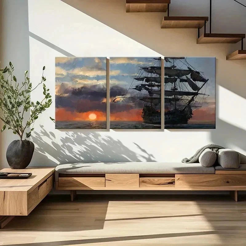 3pcs Vintage Nautical Pirate Ship in Sunset Wall Art Set Canvas Framed 40x60cm - High Quality Print 100% Australian Made Wall Canvas Ready to Hang