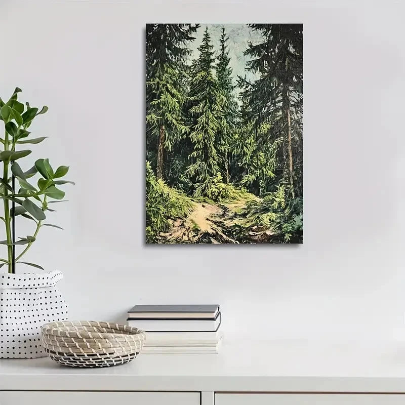 Flourishing Pine Forest Landscape Painting 40x60cm Metal Print Ready to Hang