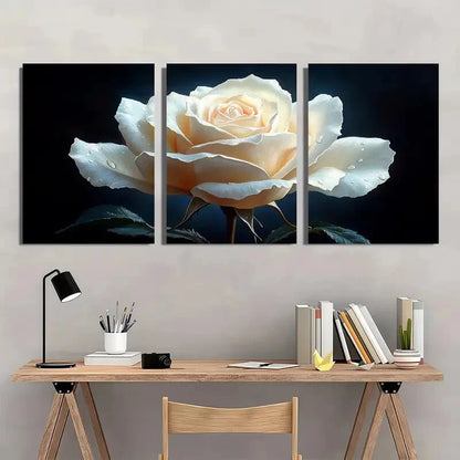 3pcs Elegant White Rose Black Metal Print Ready to Hang Art