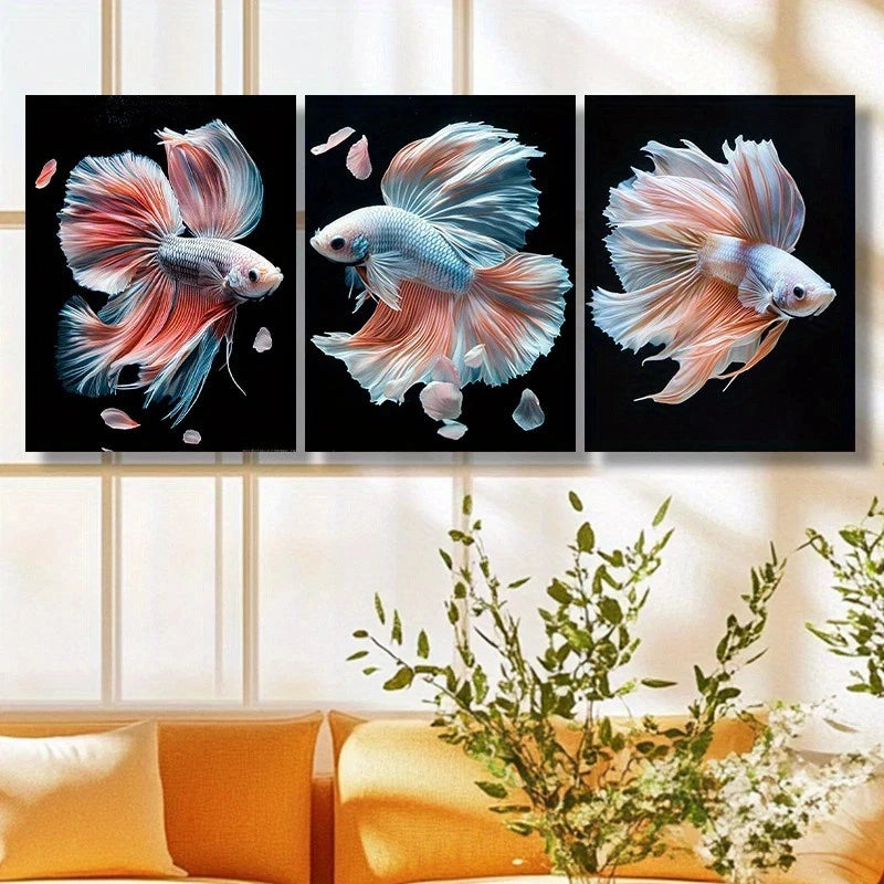 3pcs Elegant Betta Fish White & Orange Metal Print Ready to Hang Art