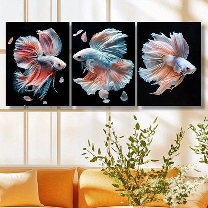 3pcs Elegant Betta Fish White & Orange Metal Print Ready to Hang Art