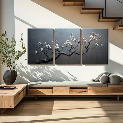 3pcs Artistic Blossom Branch with White Flowers Metal Print Ready to Hang Art