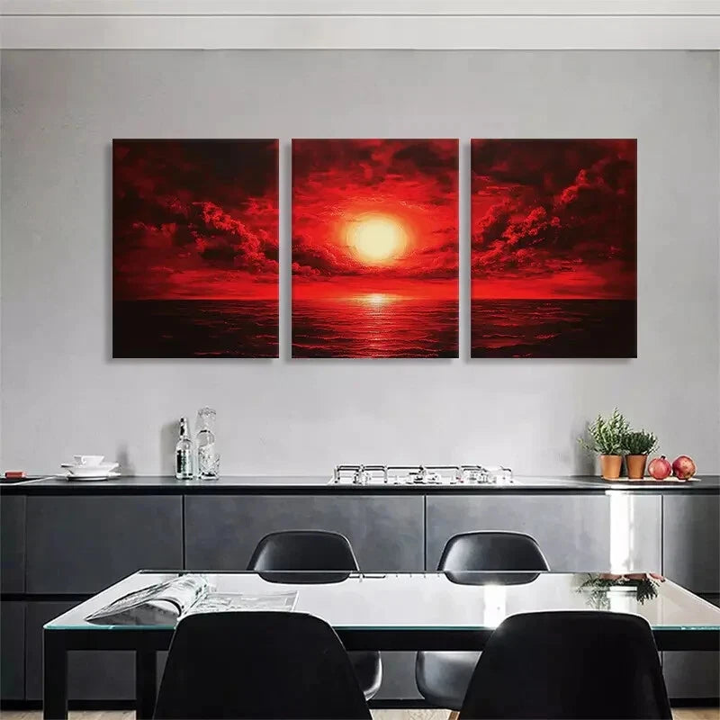 3pcs Red Sunset Ocean Sky and Sea Perfect Wall Art Set Canvas Framed 40x60cm - High Quality Print 100% Australian Made Wall Canvas Ready to Hang