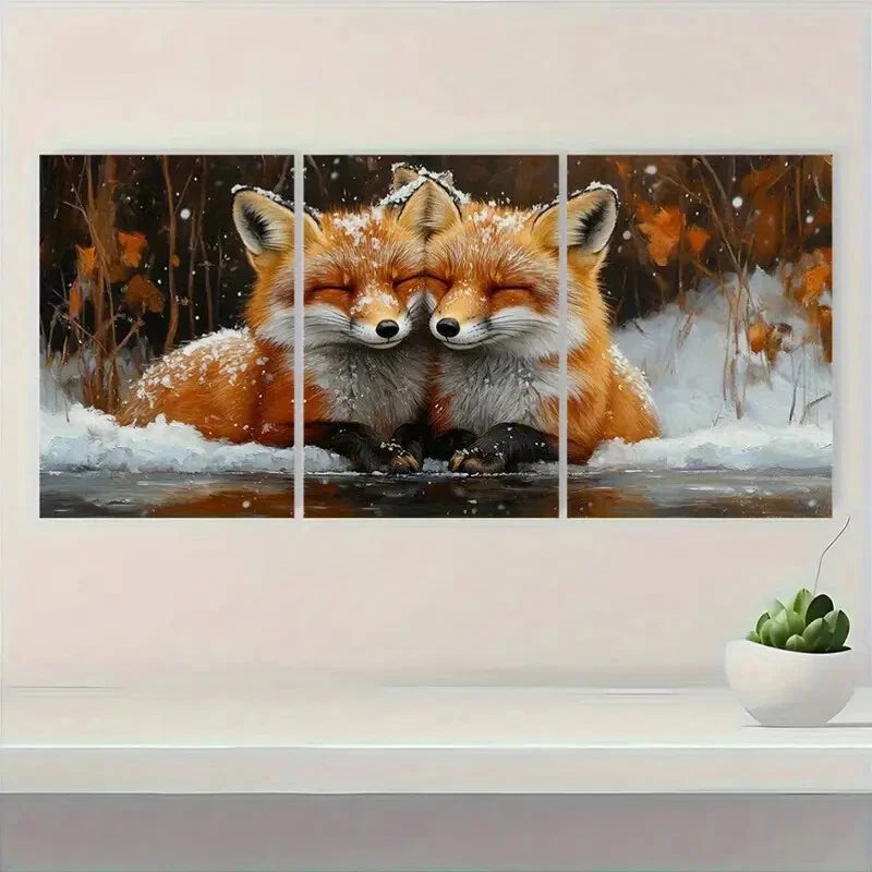 3pcs Winter Snowy Couple Foxes Metal Print Ready to Hang Art