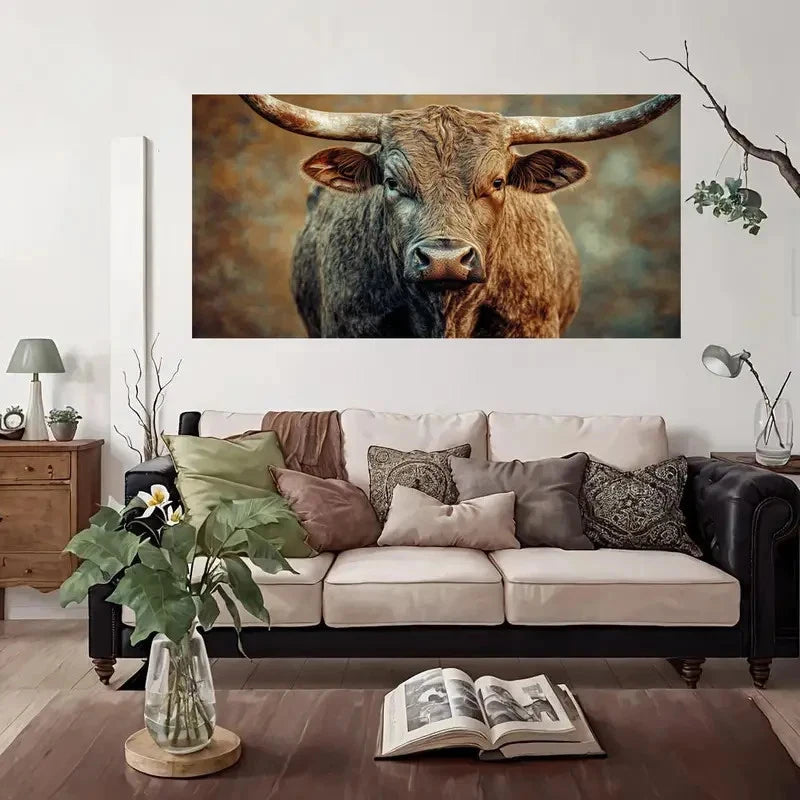 Longhorn Bull Portrait Modern Wall Art Canvas Office Home Room Framed 120x60cm