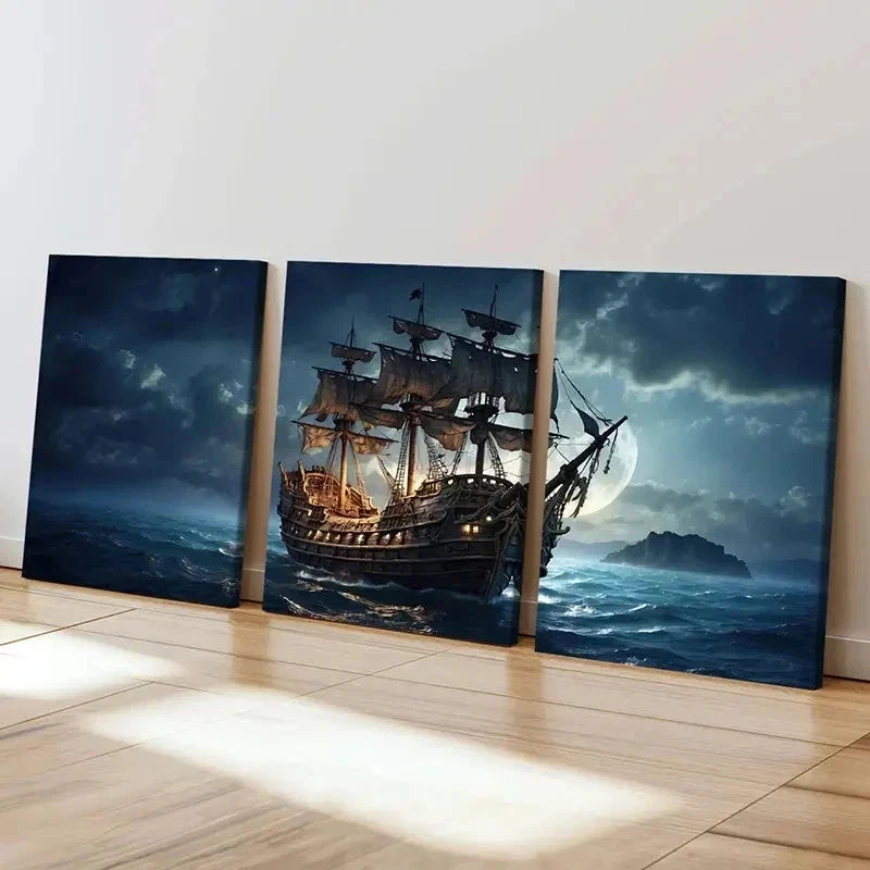 3pcs Pirate Ship On The Sea At Night Wall Art Set Canvas Framed 40x60cm - High Quality Print 100% Australian Made Wall Canvas Ready to Hang