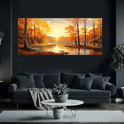 River Scene Trees & Sunset  wall canvas office home room framed 120x60cm