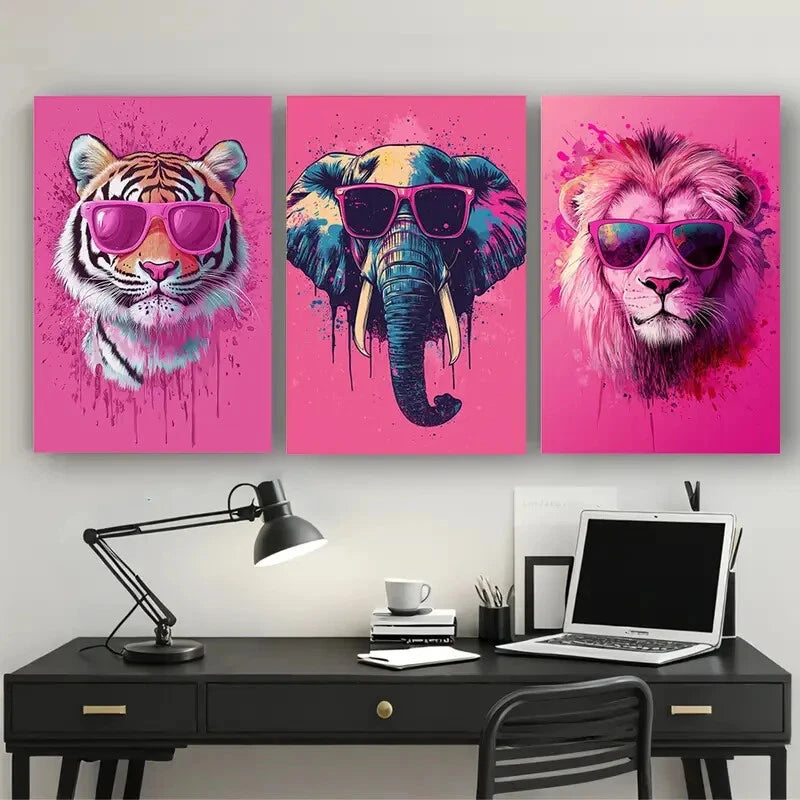 3pcs Vibrant Animal Tiger Elephant & Lion Glasses Metal Print Ready to Hang Art