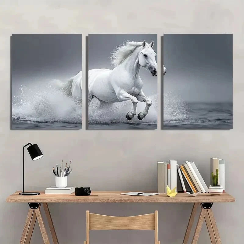 3pcs Dynamic White Horse Animal Themed Metal Print Ready to Hang Art
