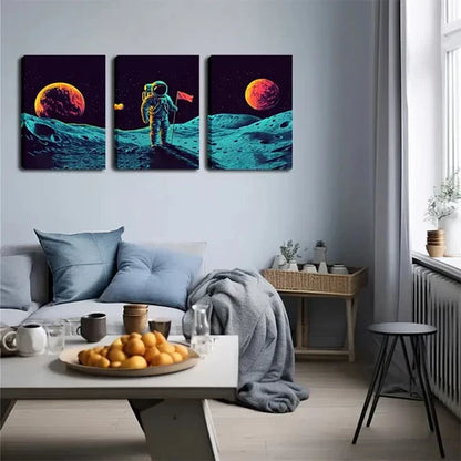 3pcs Astronaut Landing on Moon Triptych Wall Art Set Canvas Unframed - High Quality Print 100% Australian Made Wall Canvas