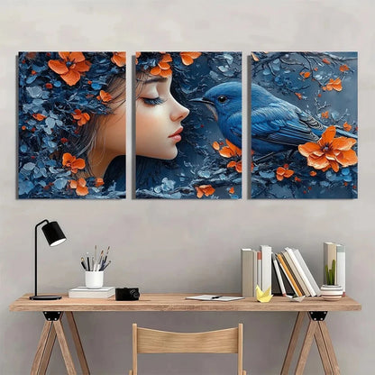 3pcs Antler Girl with Bluebird Vibrant Floral Metal Print Ready to Hang Art