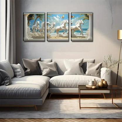 3pcs Six White Horses Beach Scene Perfect Wall Art Set Canvas Framed 40x60cm - High Quality Print 100% Australian Made Wall Canvas Ready to Hang
