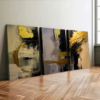 3pcs Golden and Black Abstract Oil Painting Wall Art Set Canvas Framed 50x70cm - High Quality Print 100% Australian Made Wall Canvas Ready to Hang