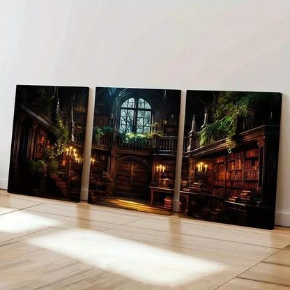 3pcs Gothic Library Bookshelves & Candles Wall Art Set Canvas Framed 40x60cm - High Quality Print 100% Australian Made Wall Canvas Ready to Hang