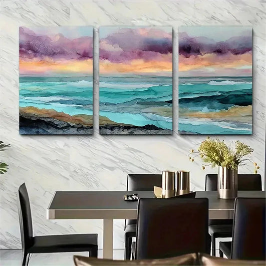 3pcs Beach Sunrise Watercolor Décor Perfect Wall Art Set Canvas Framed 40x60cm - High Quality Print 100% Australian Made Wall Canvas Ready to Hang