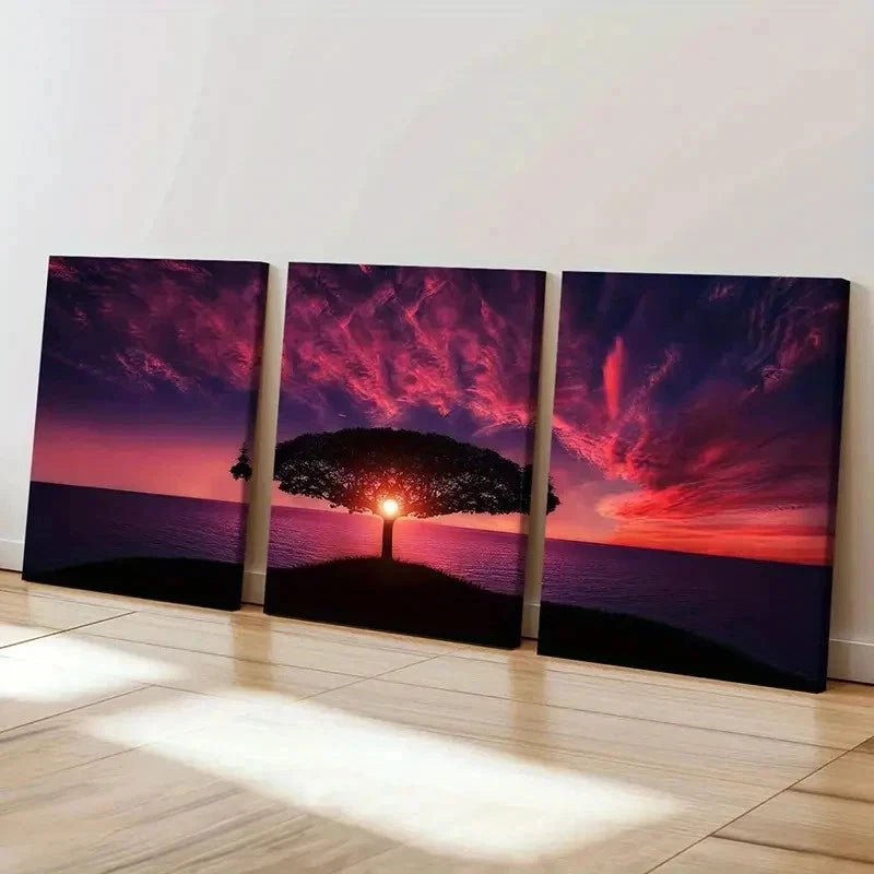 3pcs Red Sunset Trees In The Sea Wall Art Set Canvas Framed 40x60cm - High Quality Print 100% Australian Made Wall Canvas Ready to Hang