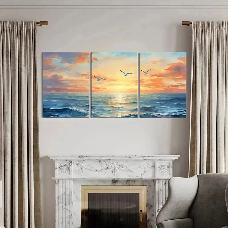 3pcs Ocean Landscape Sunset Waves & Seagulls Wall Art Set Canvas Framed 40x60cm - High Quality Print 100% Australian Made Wall Canvas Ready to Hang