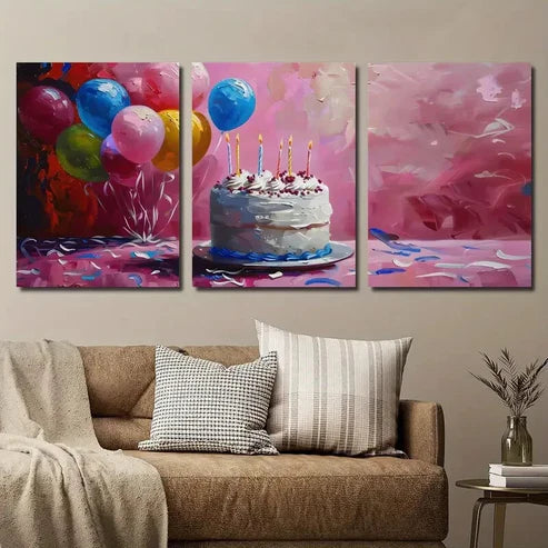 3pcs Birthday Cake and Balloon Wall Art Set Canvas Unframed - High Quality Print 100% Australian Made Wall Canvas